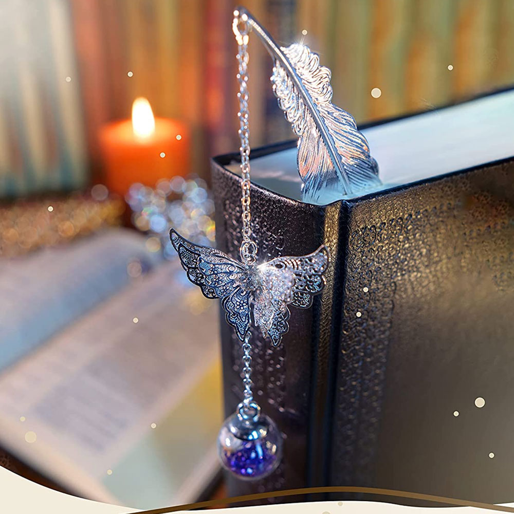 Metall Buch Lesezeichen Feder Seiten Markierungen mit Glasperle   3D Schmetterling - Gold / Türkis