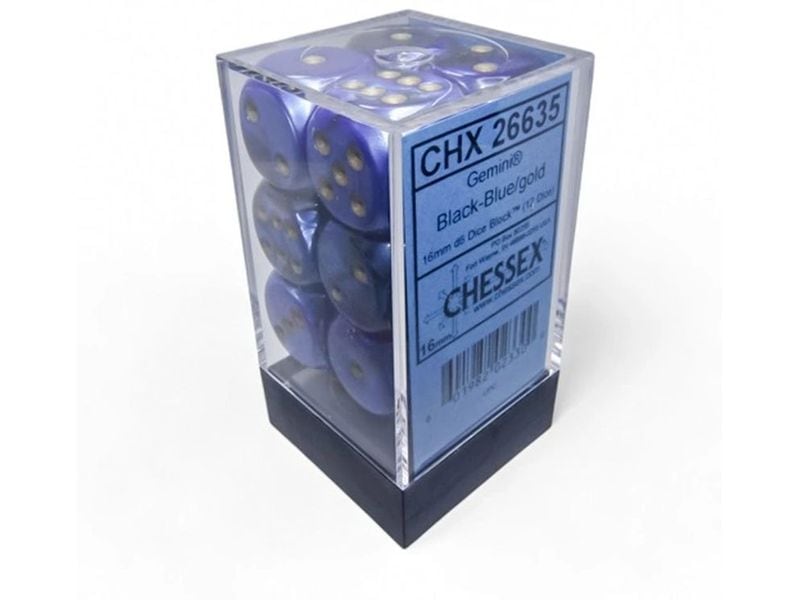 Chessex Würfelset Gemini 16 mm d6 Schwarz-Blau/Gold 12 Stk. Würfelset mit 12 Würfeln