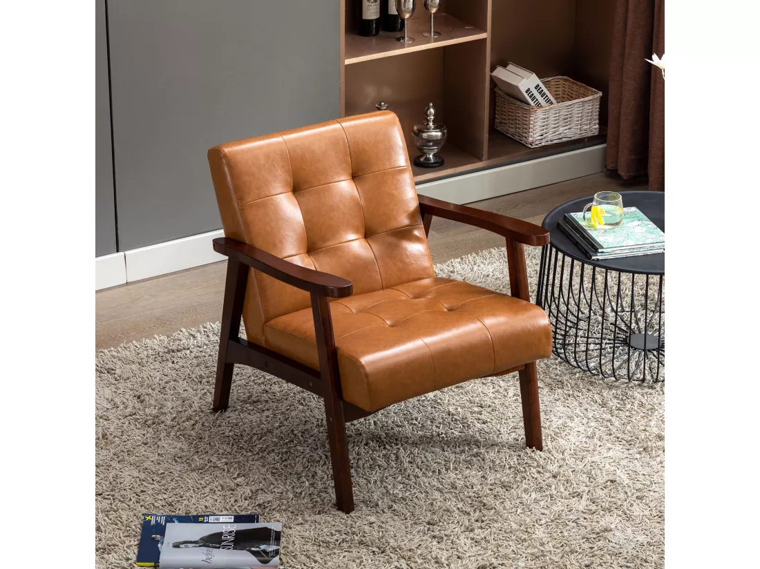 Fauteuil en bois au design scandinave et cuir Caramel-L 67 x L 76 x H 76 cm