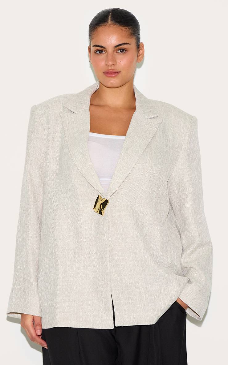 Beige Blazer Boxy En Lin Beige Avec Détails Boutons Grande Taille