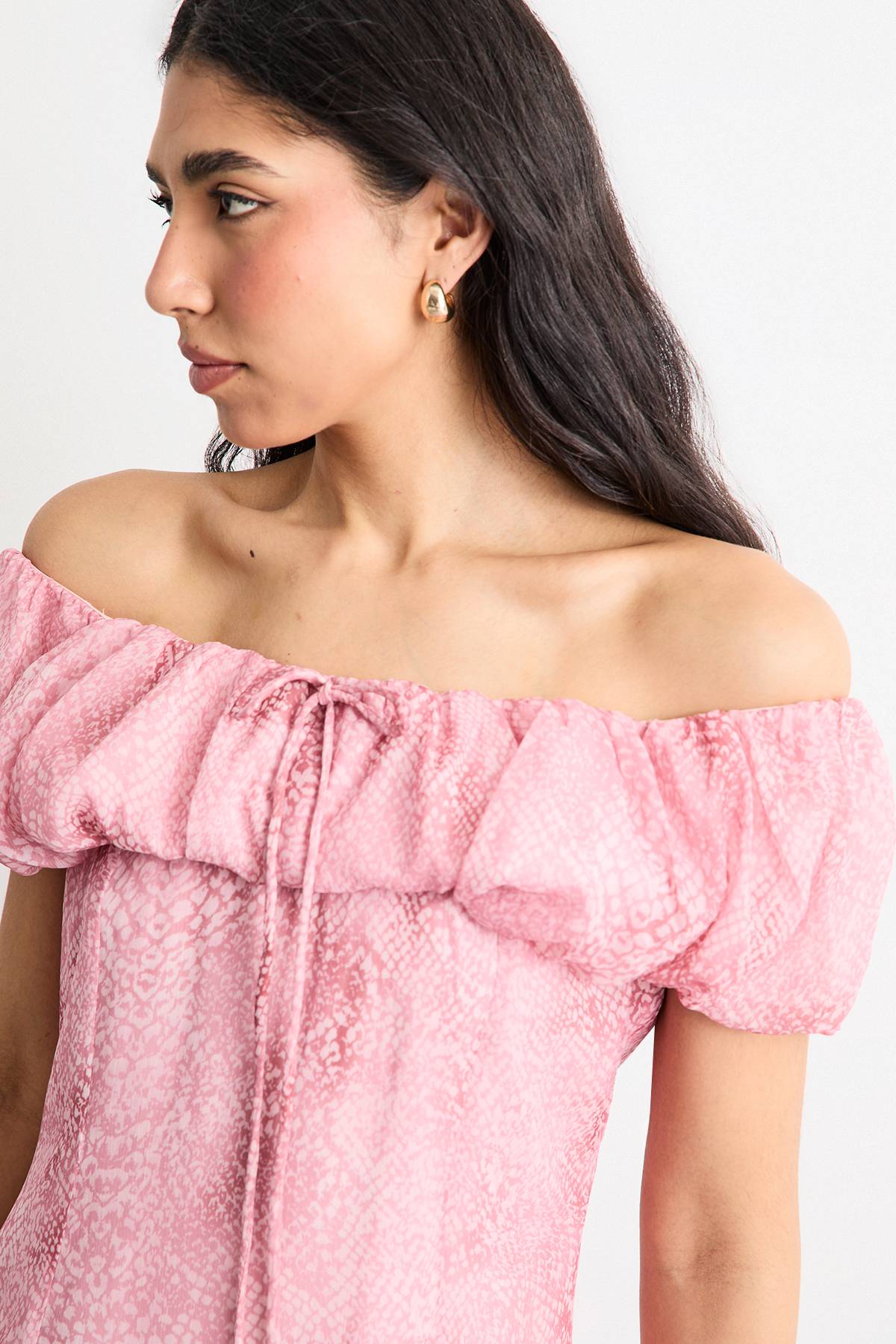 Warehouse Robe Midi en Mousseline Bardot avec Inserts Godets Style Bergère