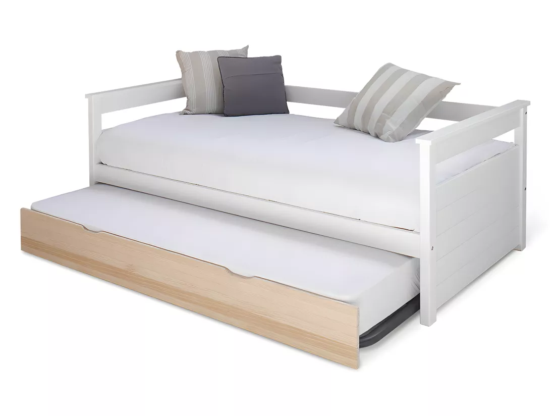 Lit banquette gigogne 90x200 cm bois massif blanc et bois IZAO
