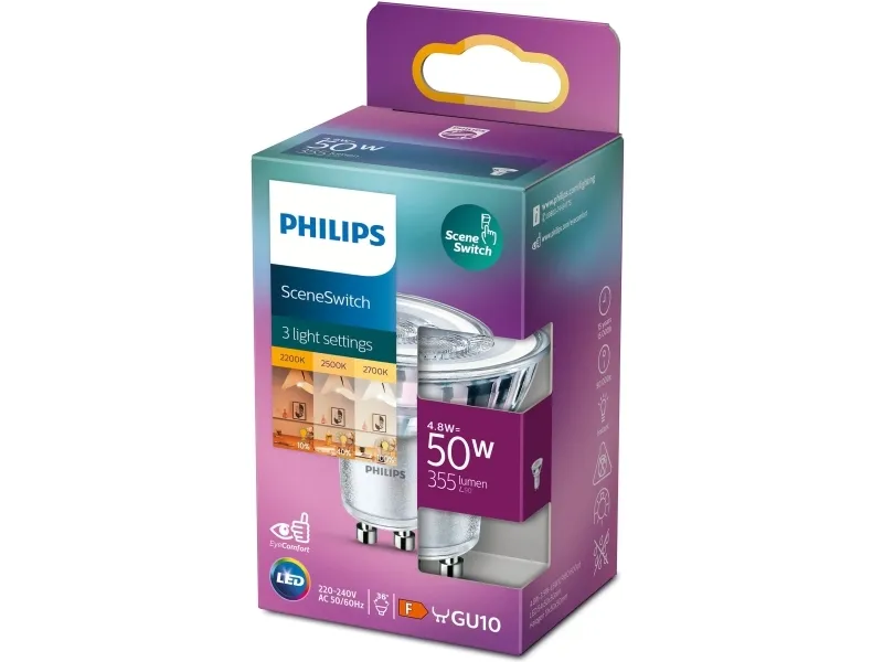 Philips SceneSwitch - LED-spot lyspære - form: PAR16 - GU10 - 1.5/3.5/4.8 W (tilsvarende 50 W) - klasse F - ekstravarmt hvidt/meget varmt hvidt/varmt hvidt lys - 2200/2500/2700 K