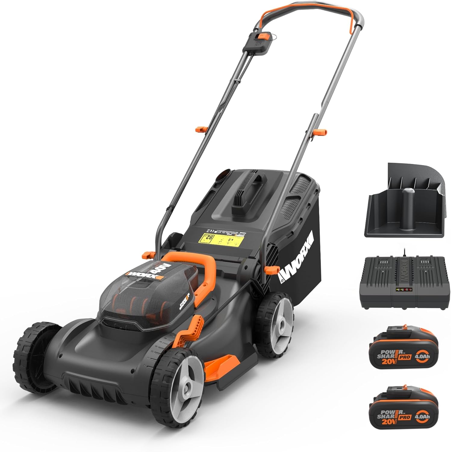 WORX WG743E Akku-Rasenmäher 40V, Profi Rasenmäher mit Mulchfunktion & PowerShare Akku, Rasenmähen ohne Kabel, Ideal für Gärten bis zu 500m² (inkl. 2X 4Ah Akkus & Dual-Ladegerät)