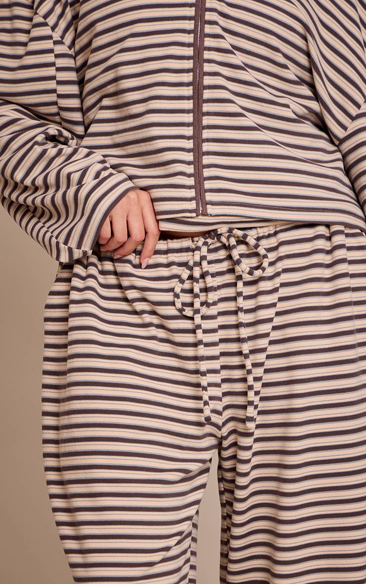 Marron Ensemble Coordonné Jogging Jambe Droite En Molleton Doux Rayé Grande Taille