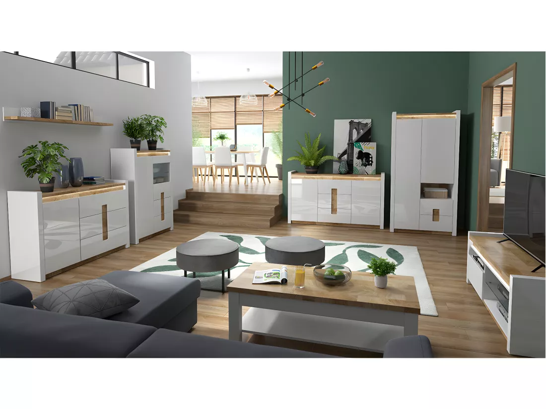 Vaisselier 2 portes 2 tiroirs avec LED Helios Blanc laqué et Bois