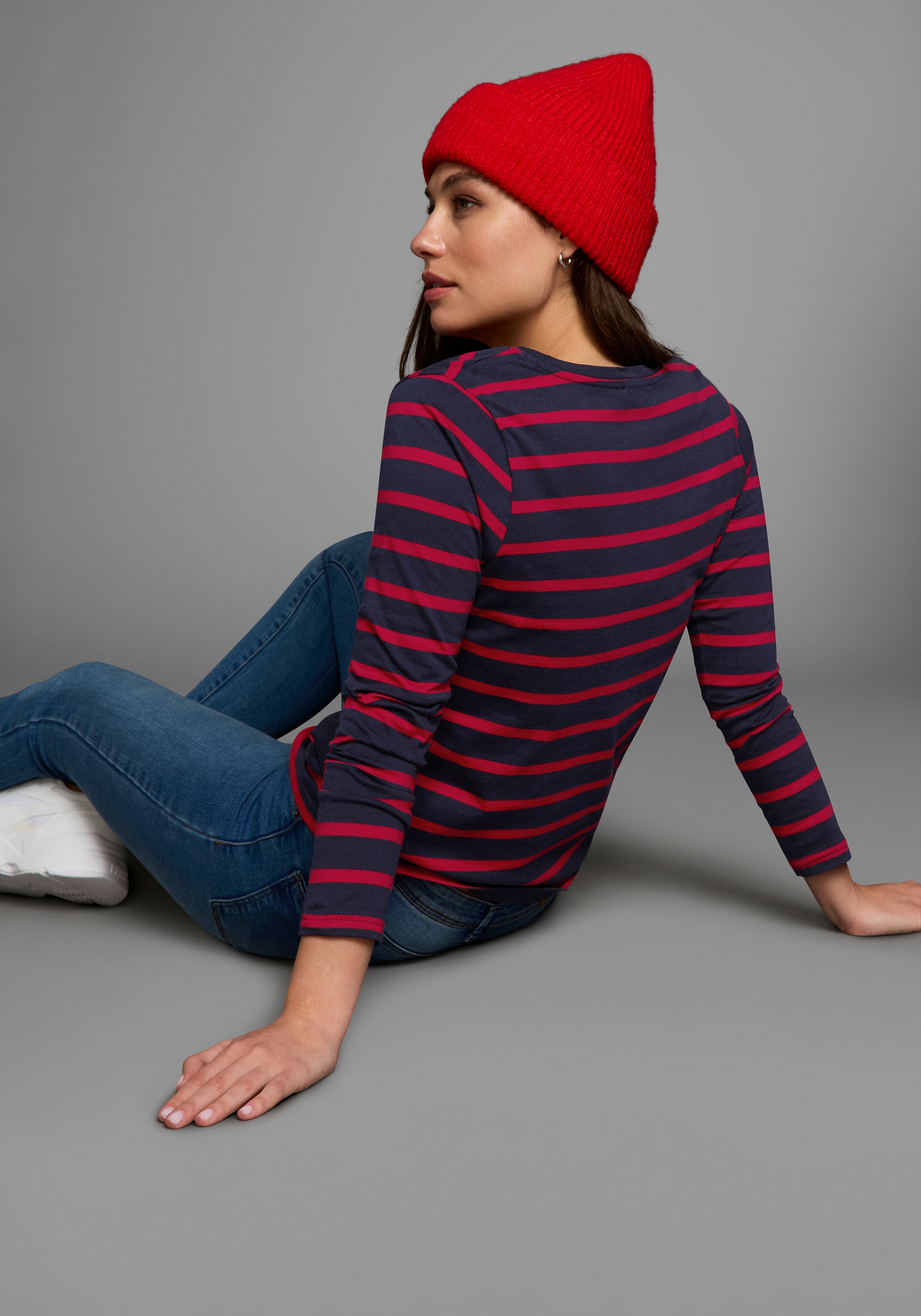 AJC Langarmshirt gestreift,  Rundhalsausschnitt,  aus Baumwolle,  aus Single Jersey