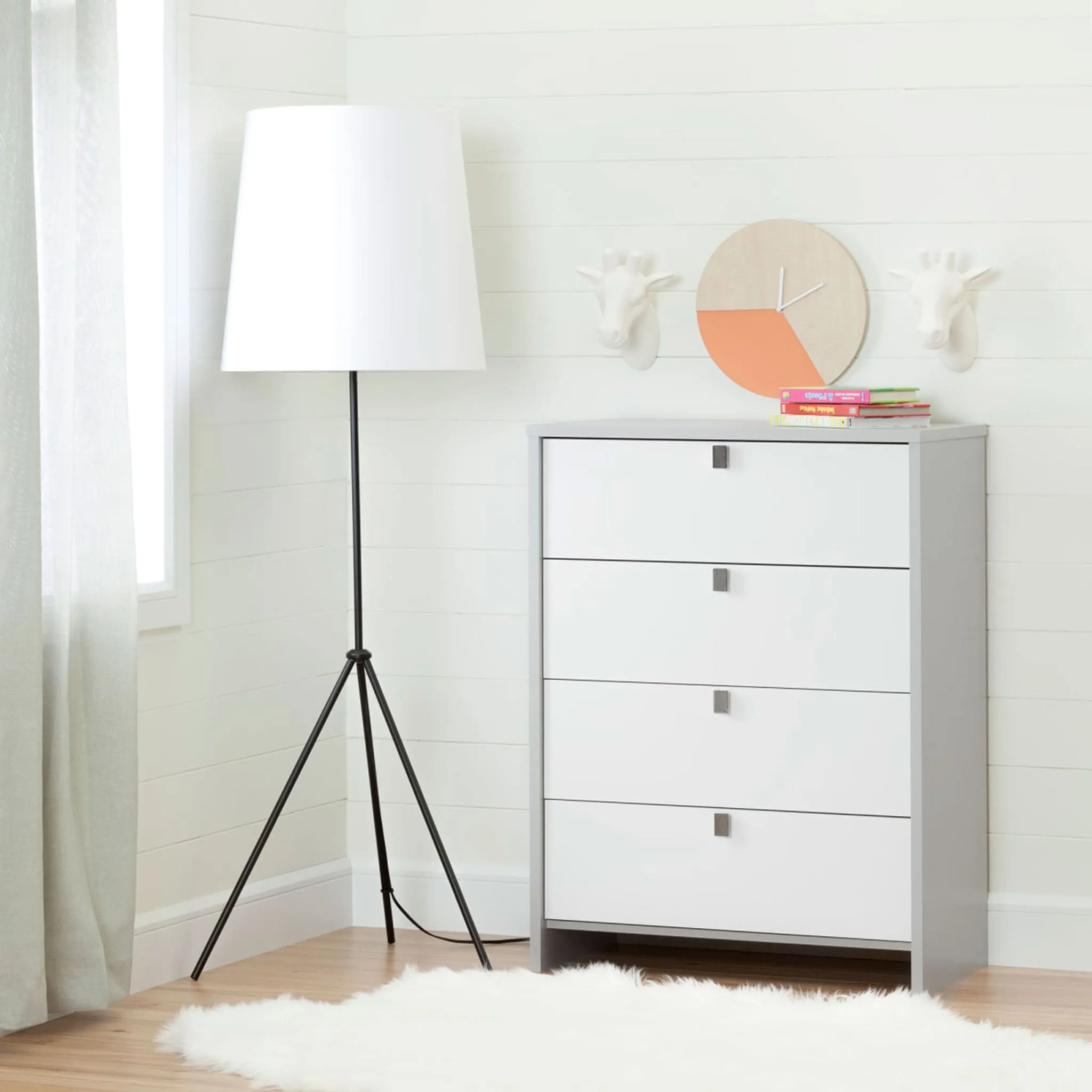 South Shore Commode 4 Tiroirs Cookie - Gris Clair et Blanc Solide