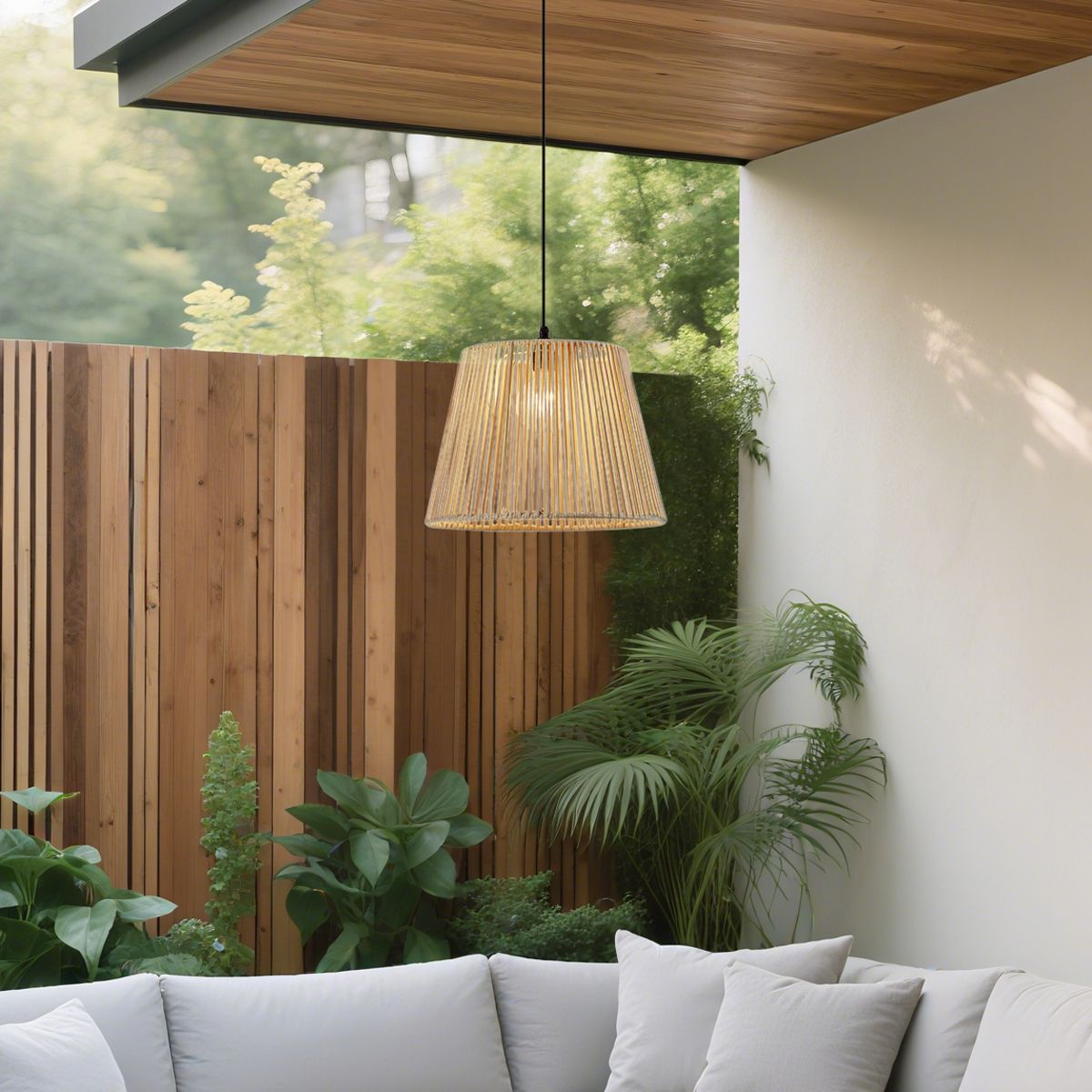 Buiten hanglamp zwart met beige kap van touw IP44 - Cava Jayla