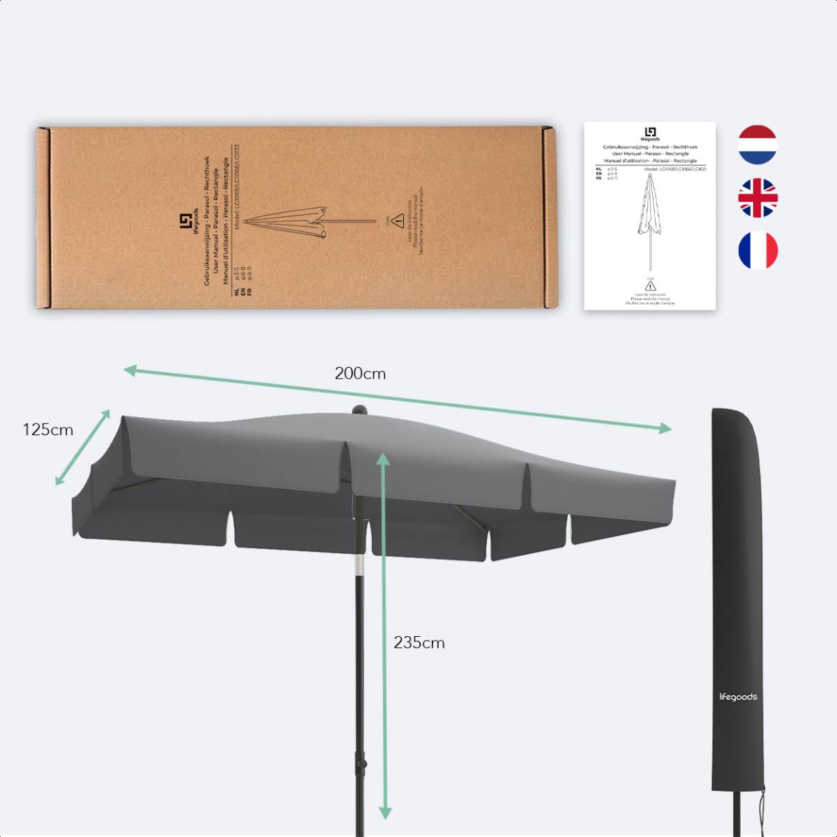 LifeGoods 200 x 125 cm parasol met hoes - Dark Grey