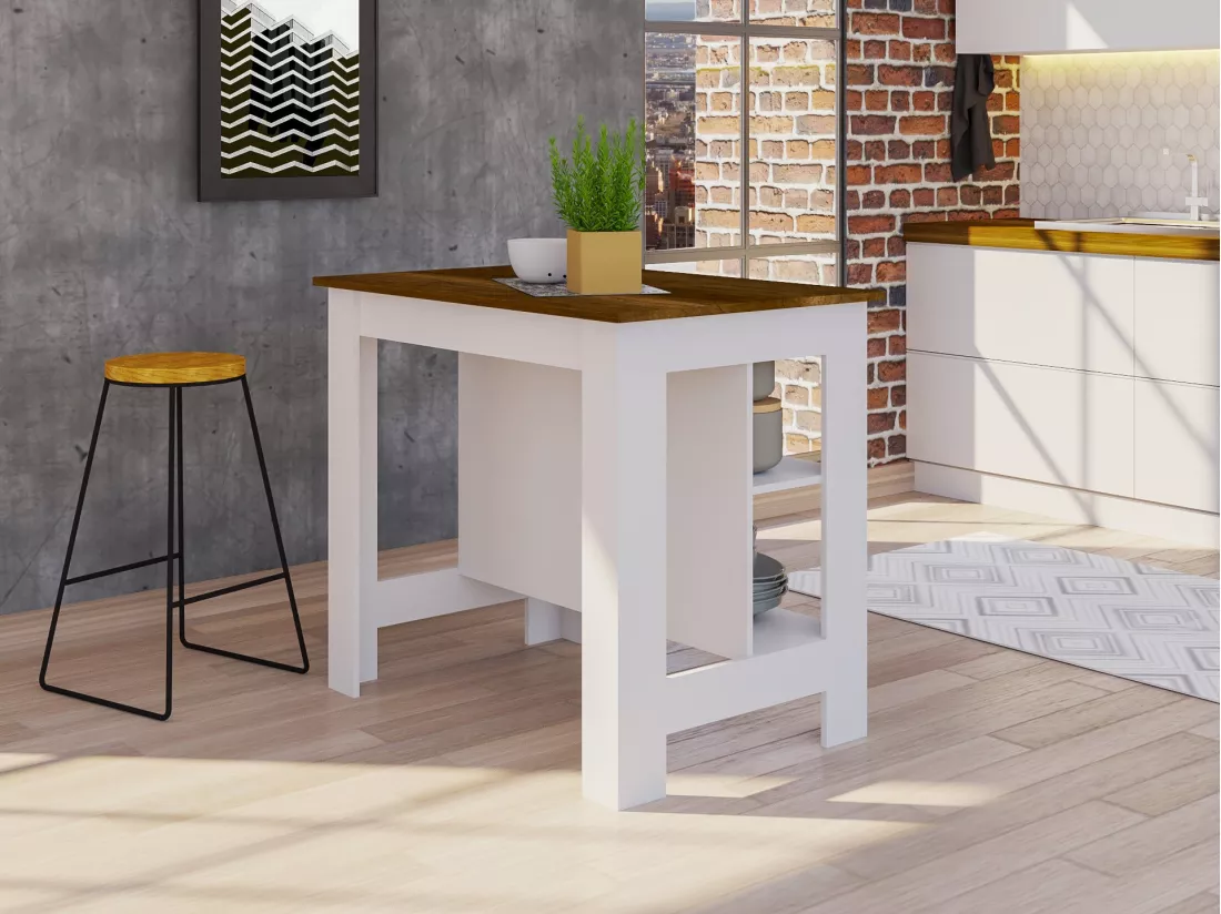 Îlot de cuisine Cala en mélamine avec trois étagères et quatre pieds , Blanc / Caramel 90 X 40.5 X 27.5 cm