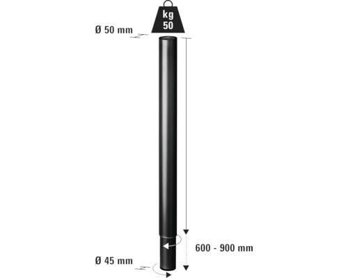 Tarrox PASO tafelpoot, hoogte verstelbaar 600-900 mm x Ø 50 mm, zwart, 1 stuk