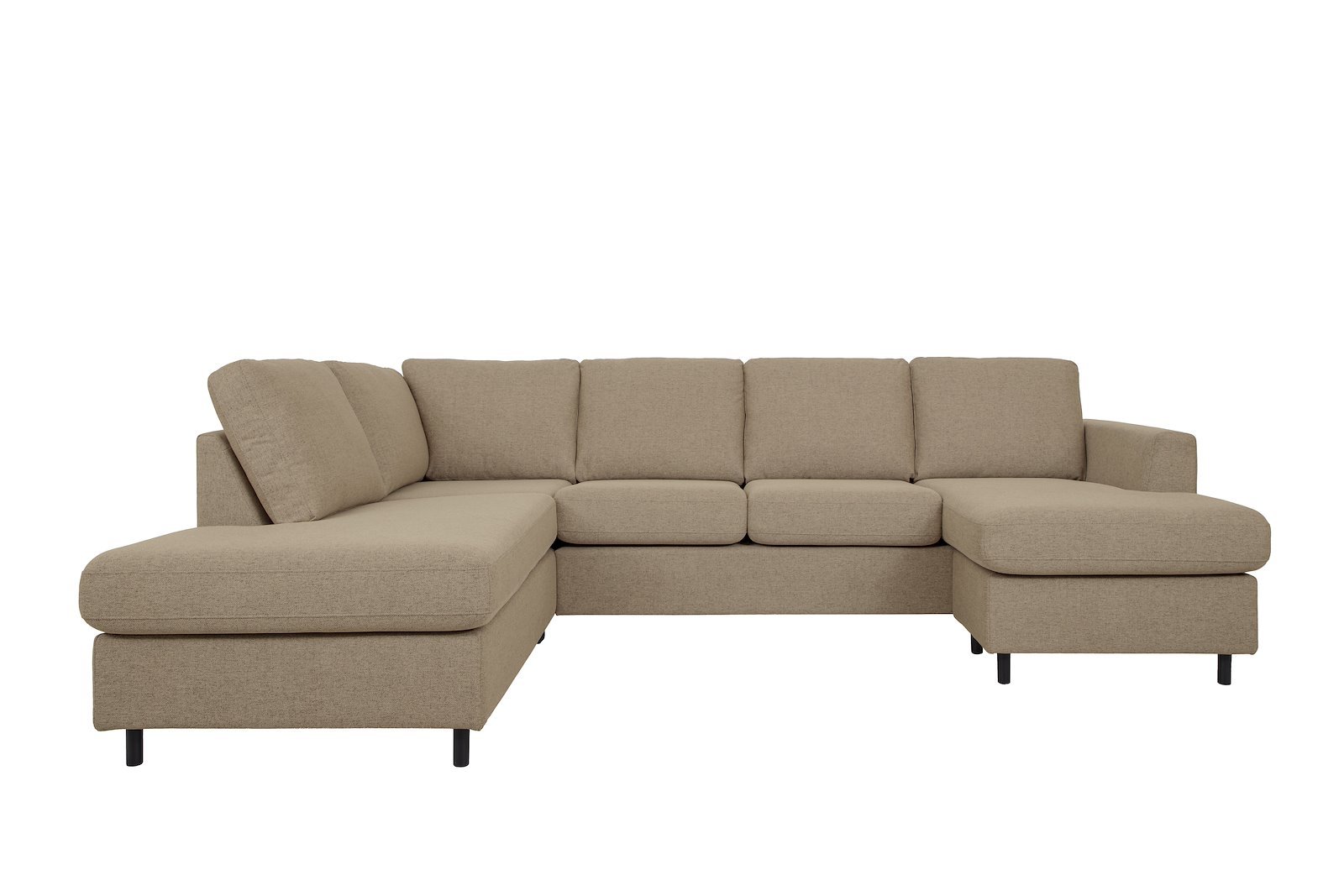 Oslo U-sofa Åpen ende venstre og sjeselong høyre. Tekstil Neve 16 Dark Beige med sorte ben