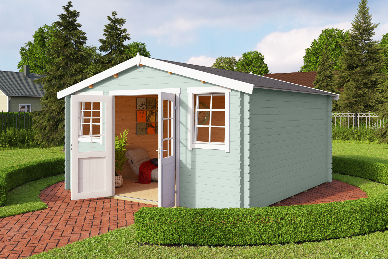 Gartenhaus WELS 4 DT - gletschergrün - Fichte massiv - 390x390 cm
