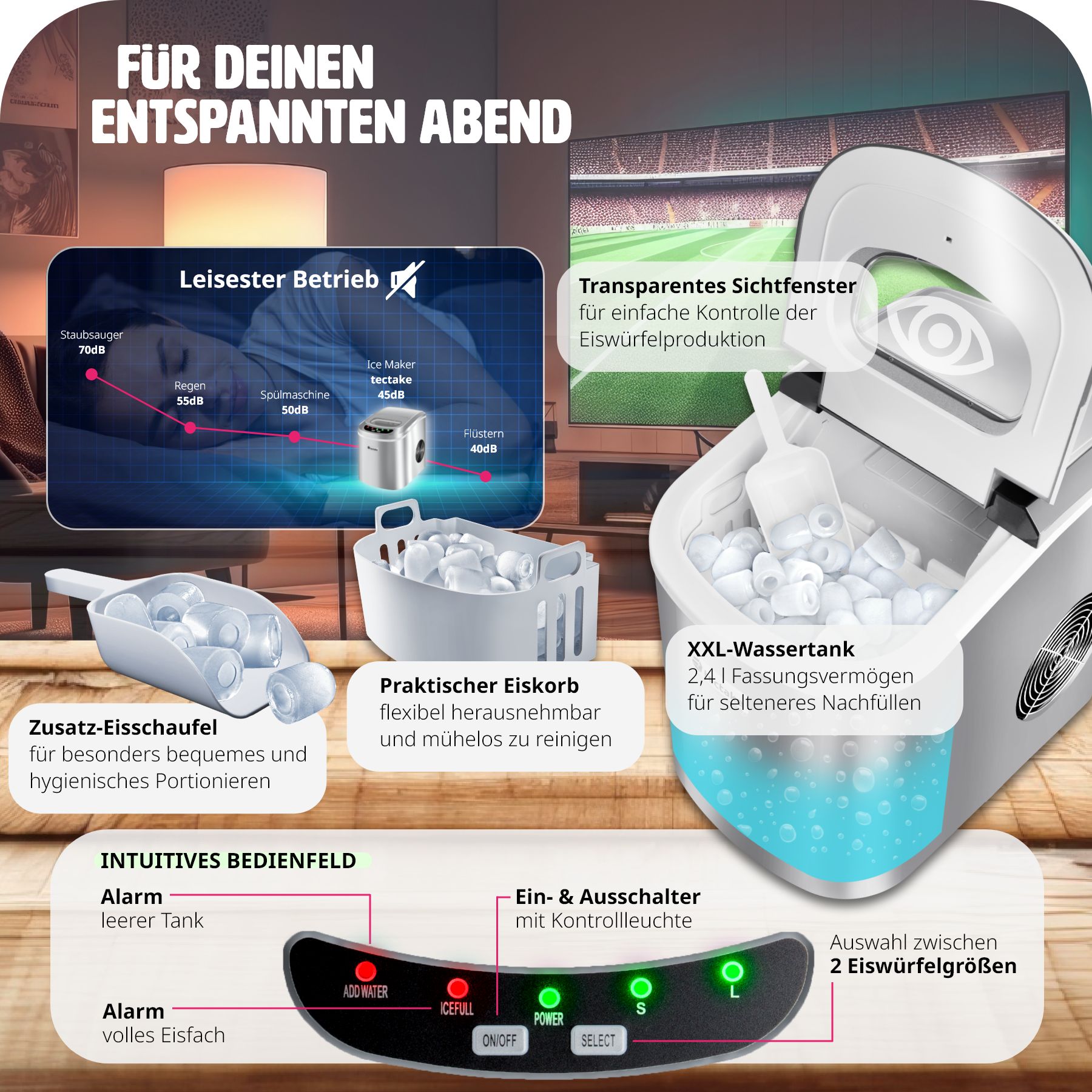 tectake® Eiswürfelmaschine, 2,4 l Wassertank, 12 - 15 kg in 24 h, inklusive Eiskorb und Eisschaufel