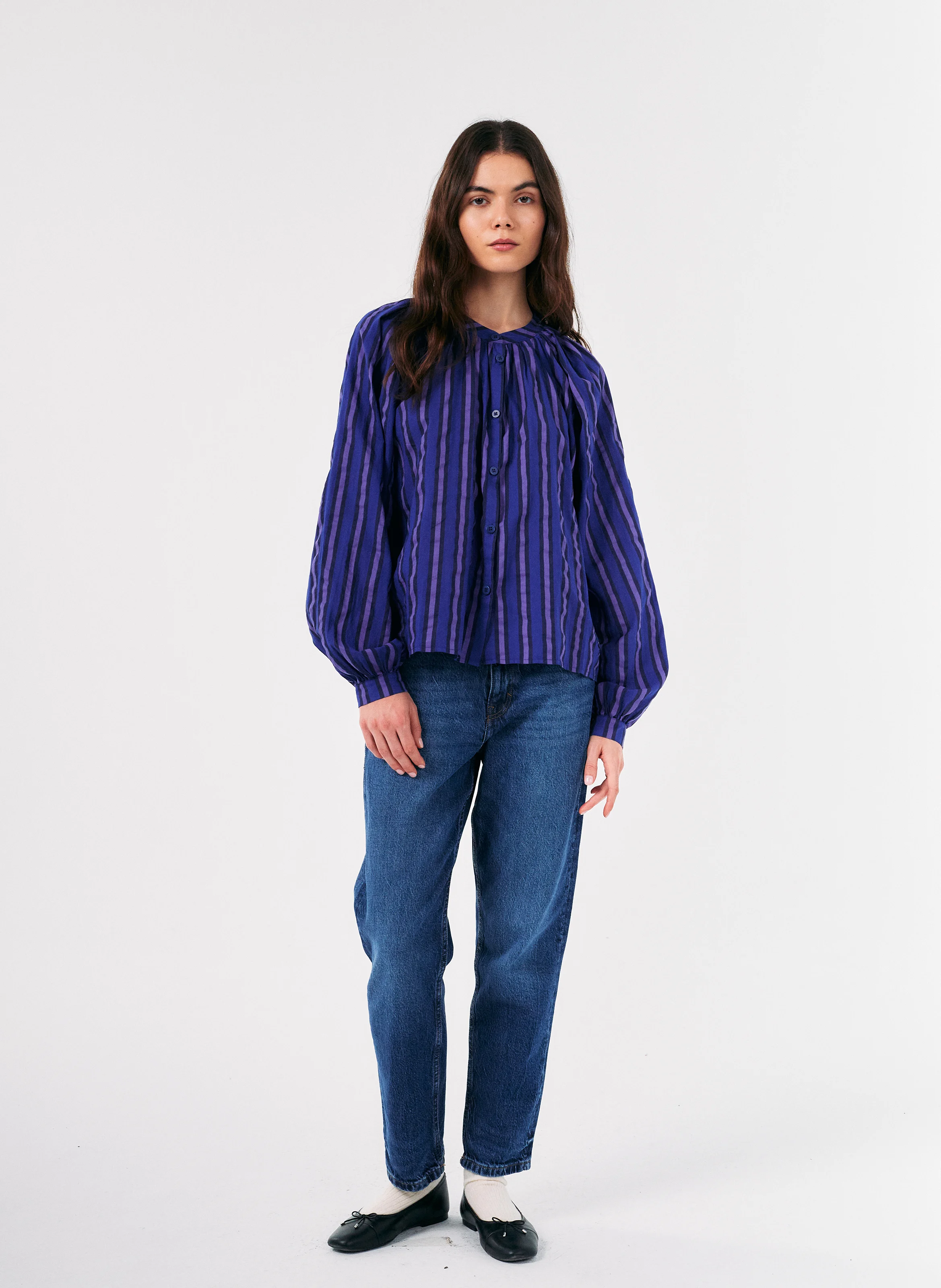 Chemise droite col rond en coton bio rayé | Multicolore