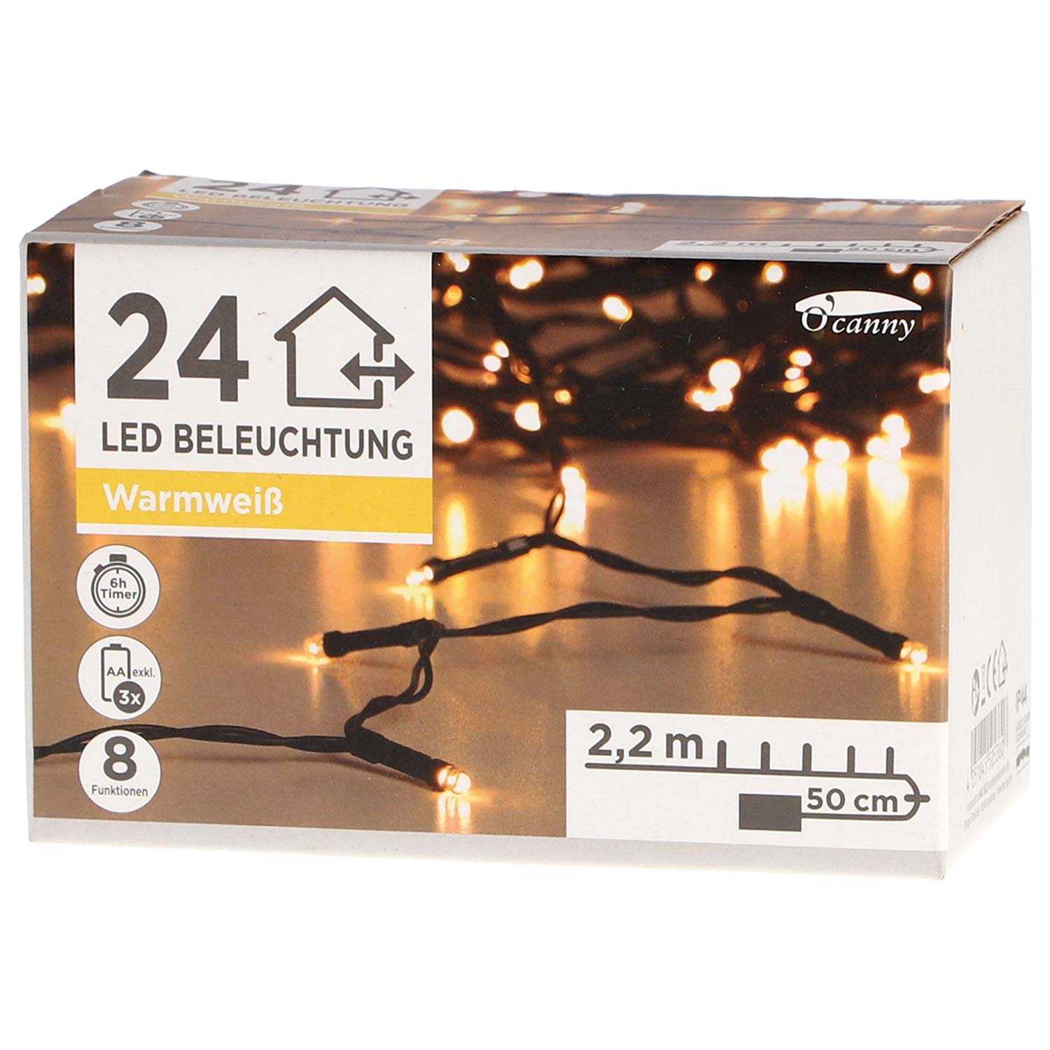 O'canny Outdoor LED-Lichterkette warmweiß mit Timer & 8 Funktionen 7,60 m 24er