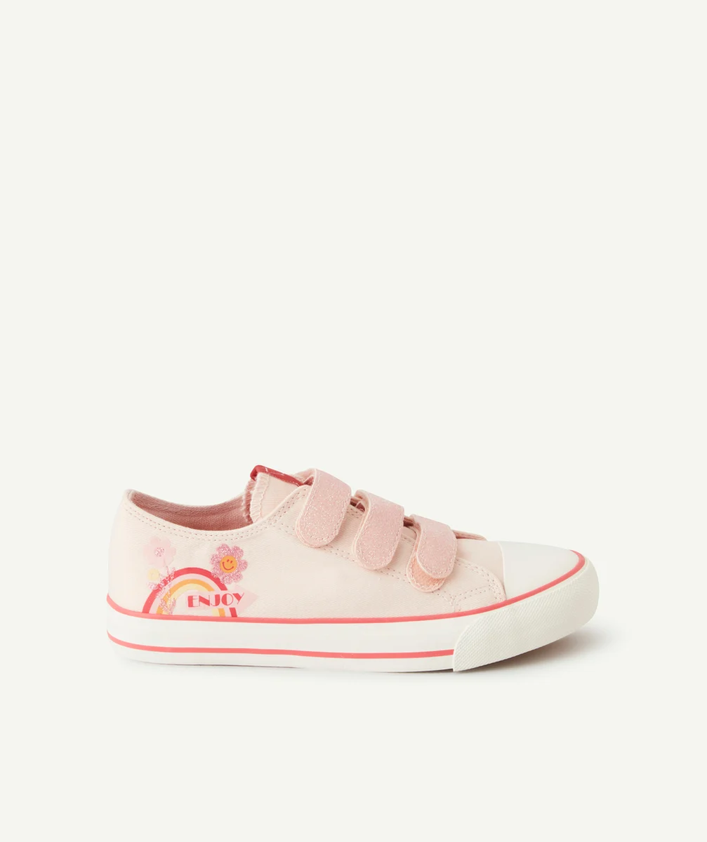BASKETS BASSES FILLE À SCRATCH ROSE ET PAILLETÉ AVEC DESSIN FLEURI