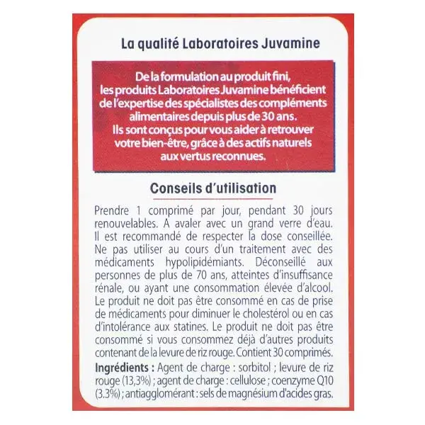 Juvamine Cholestérol Levure de Riz Rouge 30 comprimés
