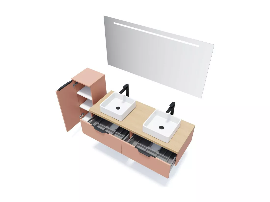 Meuble de salle de bain suspendu 2 vasques à poser 140cm 2 tiroirs Abricot - Soho