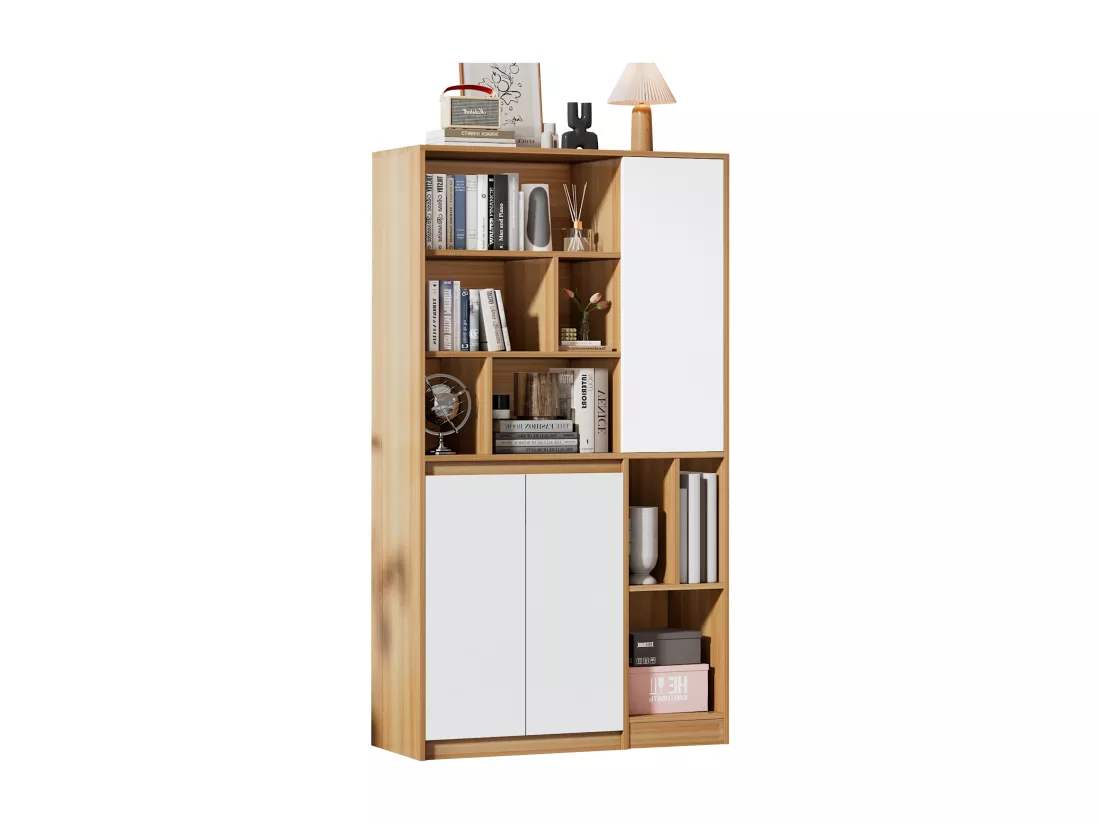 Bibliothèque avec 3 portes et étagères réglables - 90 x 35,5 x 160 cm - Panneaux de particules - Blanc + Chêne clair