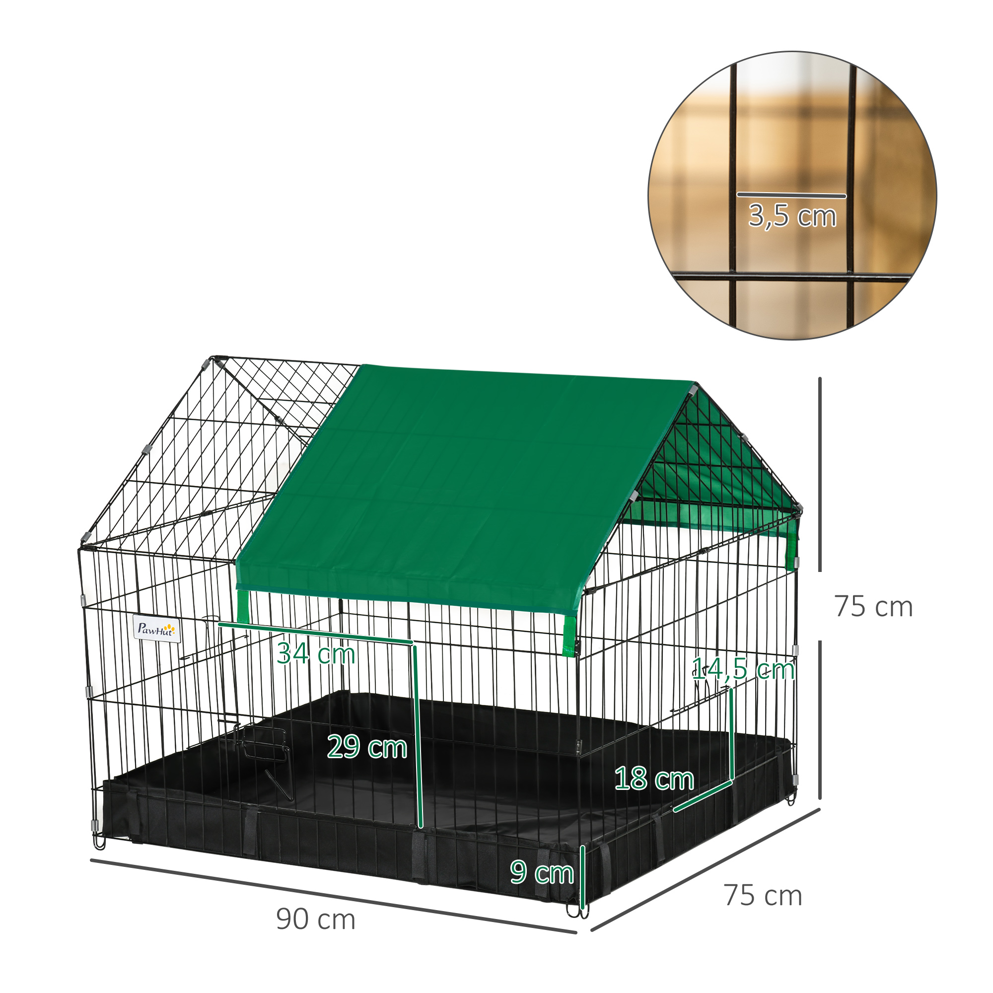 Gaiola/Parque para Animais de Estimação PawHut para Pequenos Animais com 2 Portas, Cobertura e Base em Tecido Oxford Impermeável para Uso Interno e Externo, 90x75x75 cm, Preto e Verde