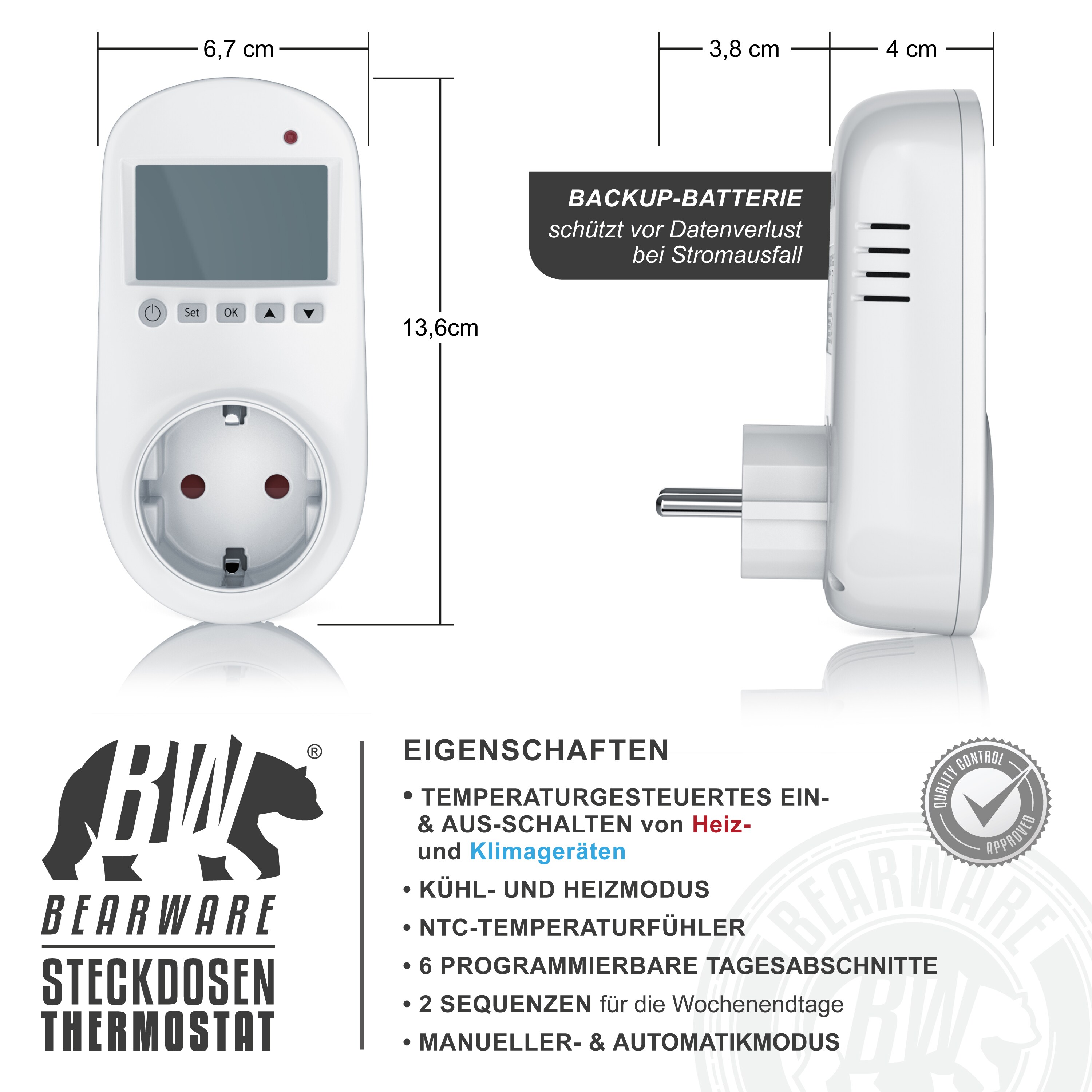 BEARWARE 3x Steckdosen Thermostat für Heiz & Klimageräte Individuell programmierbar / LCD-Display