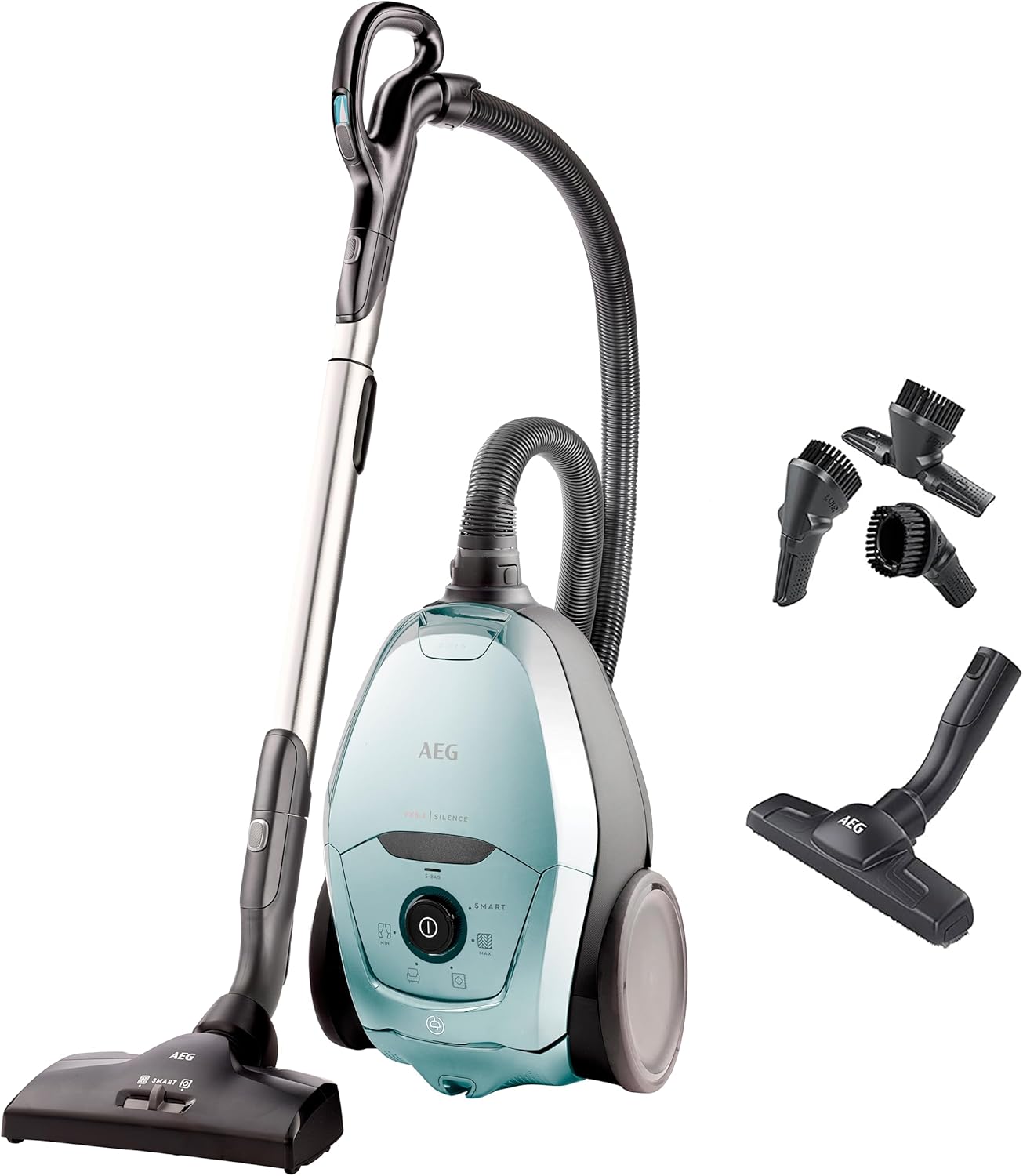 AEG VX82-1-4MB Staubsauger mit Beutel (Automatische Saugkraftregulierung, extrem leise auch auf Teppich, Aufnahme von großen + kleinsten Partikeln, langes Kabel, 55% Recyclingmaterial, 600W, hellblau)