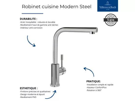 Robinet cuisine VILLEROY ET BOCH Modern Steel acier massif + nettoyant