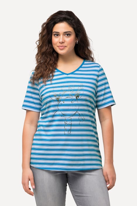 T-Shirt, Ringel, Metallic-Tiermotiv, V-Ausschnitt, Halbarm