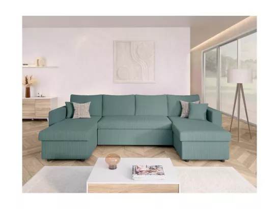 Canapé panoramique 6 places Maria convertible avec 2 coffres en velours côtelé - Bleu clair - L295 x P146 x H81cm - Loungitude