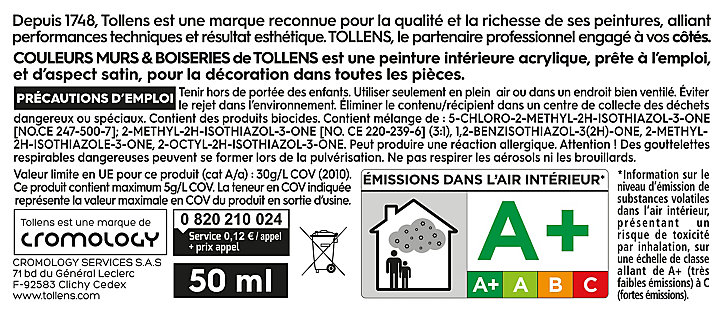 Testeur peinture murs et boiseries Tollens bleu iceberg satin 50ml