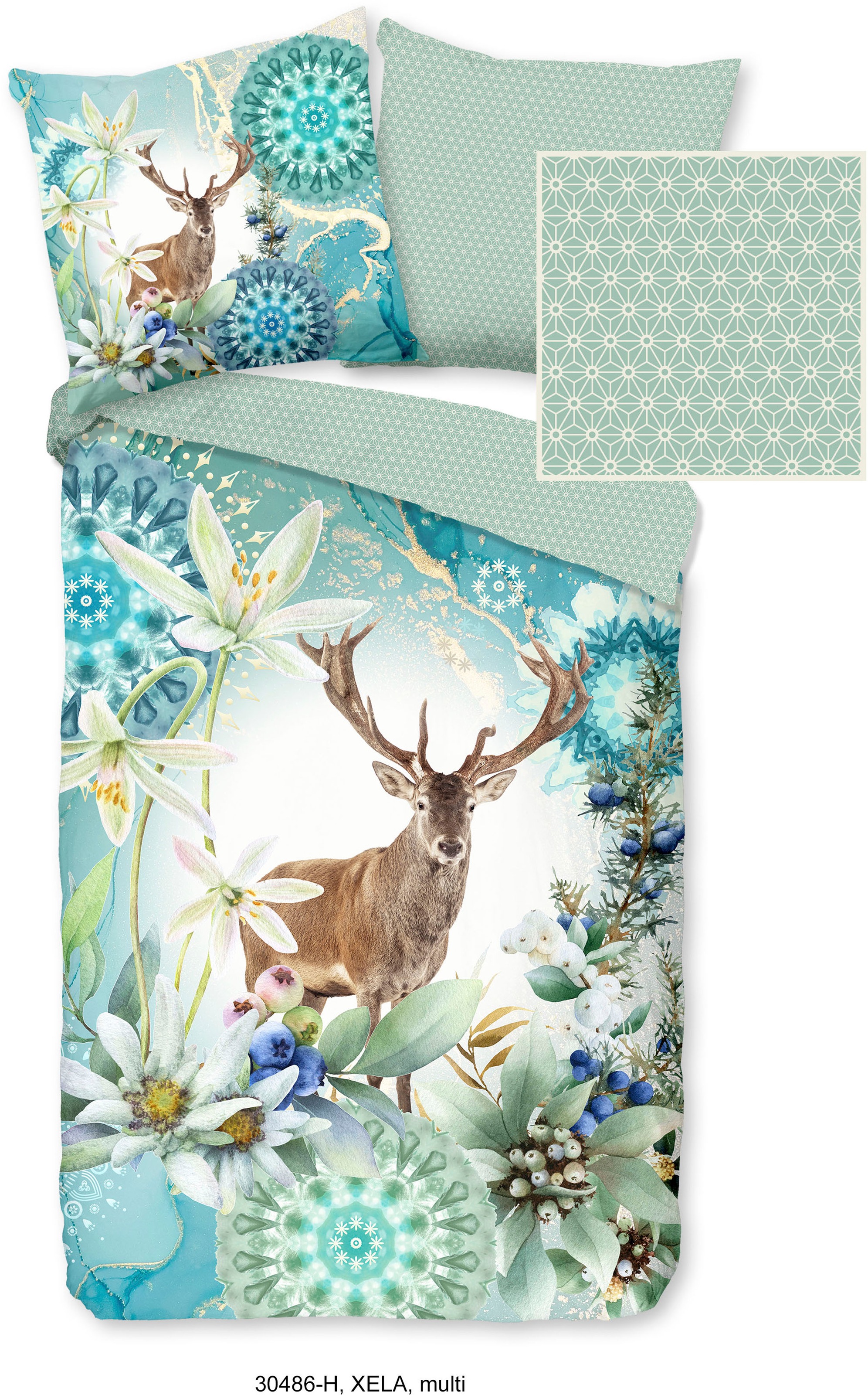 hip Wendebettwäsche »Xela« 2 Stk. tlg. Mako-Satin, 135x200, Reissverschluss, Wendeoptik, Winter, Reh, Grün