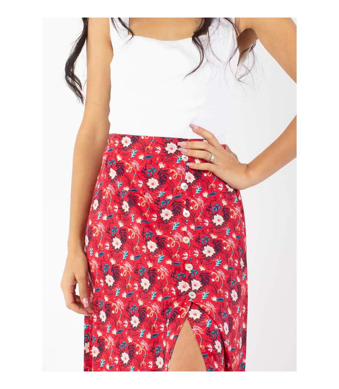 Jupe longue fendue boutonnée LIBERTY fleurie rouge Coton Du Monde