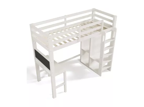 Lit mezzanine 90x200 cm en bois de pin - avec bureau, armoire et étagères - Blanc