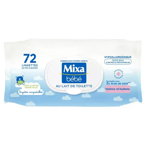 Lenços umedecidos Mixa Baby Ultra-Soft com Leite de Limpeza, 72 unidades