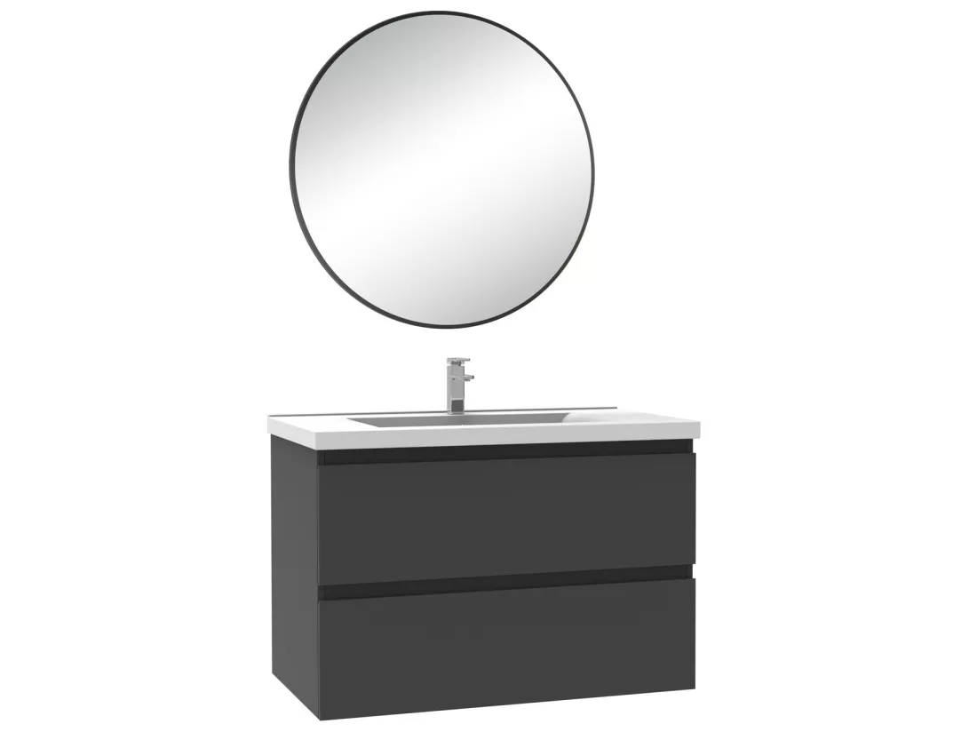Meuble salle de bain simple vasque 80cm Anthracite meuble acve rond miroir - Aica