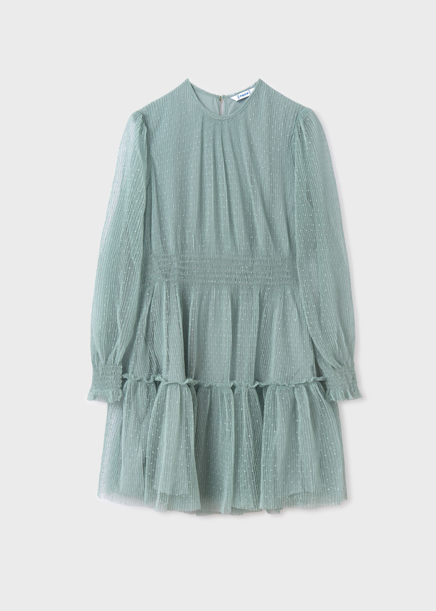Vestido infantil de tule com estampa de bolinhas, verde-água