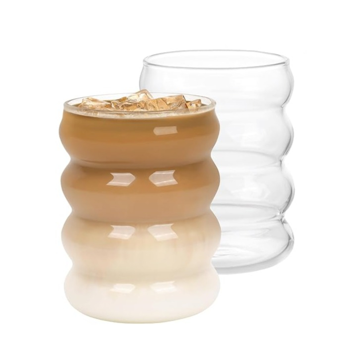 (300ml) Bubble Glas Geripptes Trinkglas Getränke Cup Wellen Becher für Iced Coffee / Cocktails / Softgetränke - Transparent