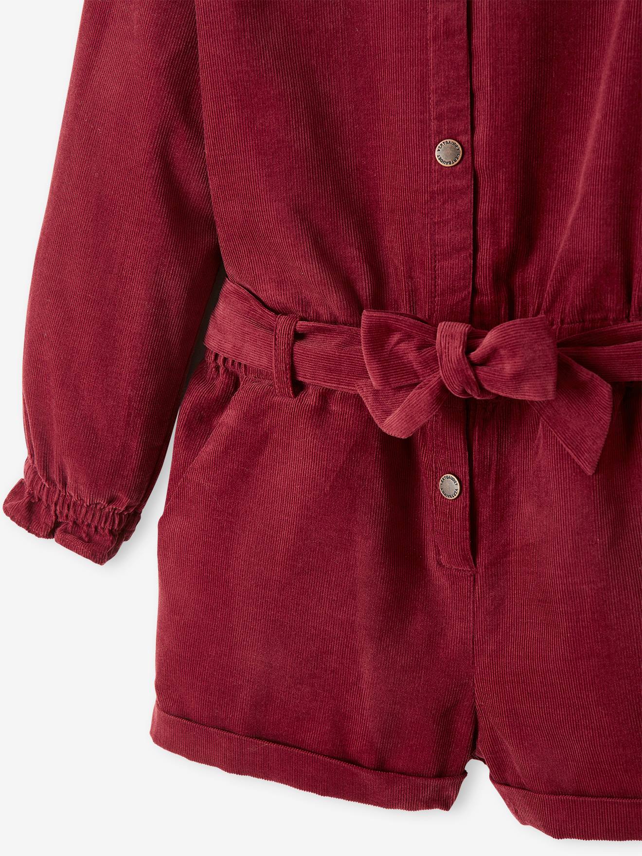 Macacão curto de veludo com babados, para meninas, vermelho escuro liso