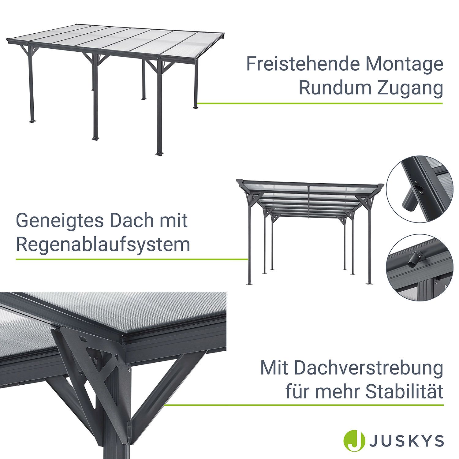 Juskys Carport mit Flachdach 5x3 m – freistehende Überdachung aus Aluminium mit Doppelstegplatten