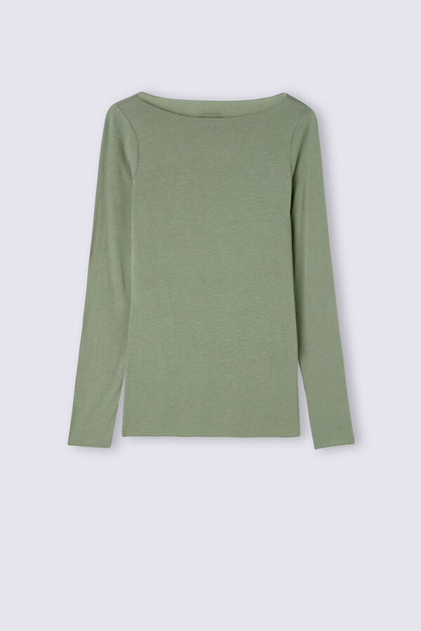 Camiseta de manga comprida ultraleve com decote canoa em cashmere modal