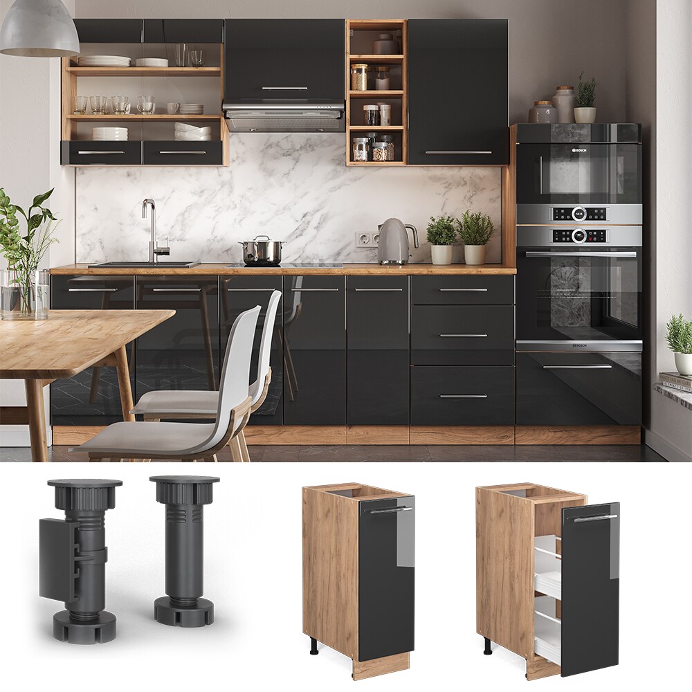 Vicco Apothekerunterschrank Küchenschrank Küchenmöbel Fame-Line Eiche Anthrazit modern 30 cm Küche Einbauküche Einschübe Aufbewahrung Küchenzeile Hochglanz