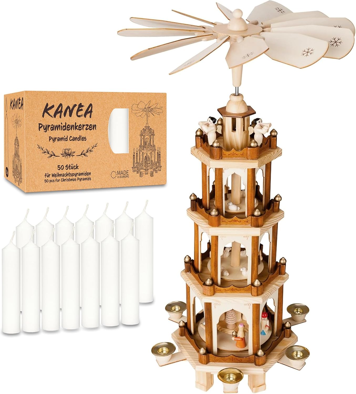 BRUBAKER Weihnachtspyramide inkl. 50er Pack Pyramidenkerzen Weiß - Große 4-stöckige Holzpyramide mit Holz Figuren Handbemalt - 60 cm Pyramide Weihnachten - Drehbare Tischpyramide - Natur
