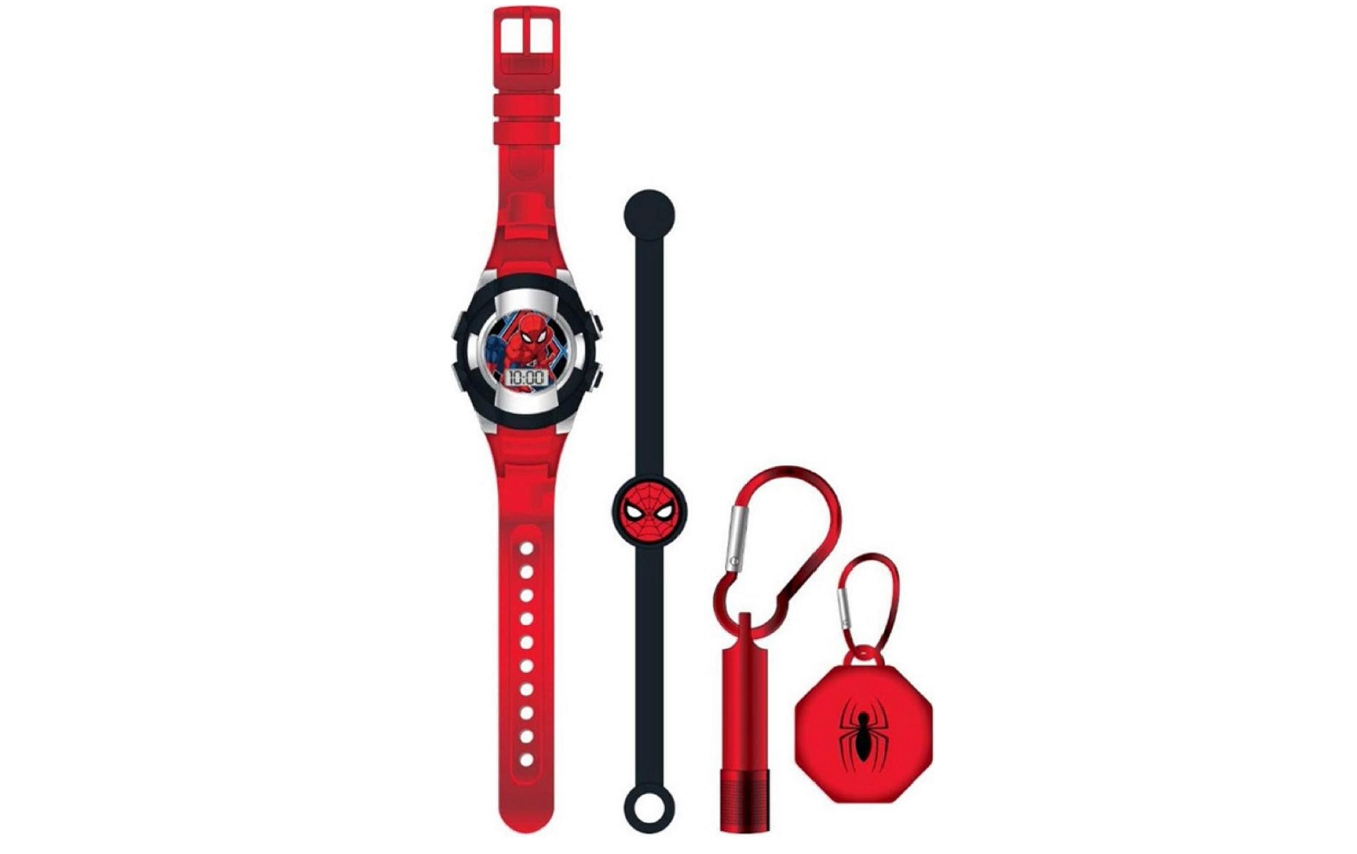LCD Uhr Geschenkset Spiderman Rot/SchwarzLeuchtende Kinderuhr mit digitaler Anzeige
