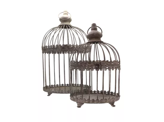 Set de 2 cages à oiseaux bougeoir en métal gris Ht.46.5-33.5 cm
