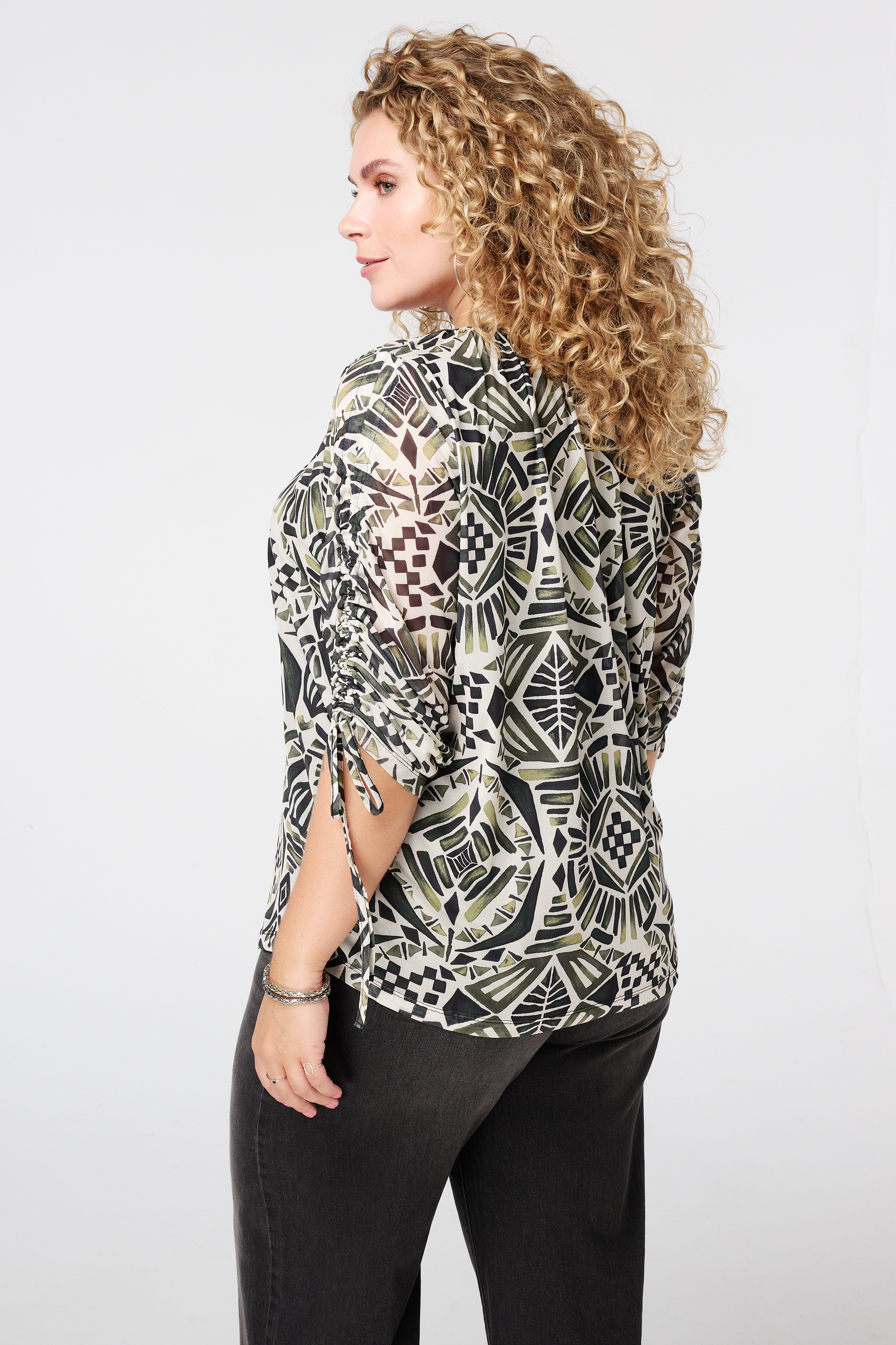 Blouse met print en drawstring mouwen Multi Green