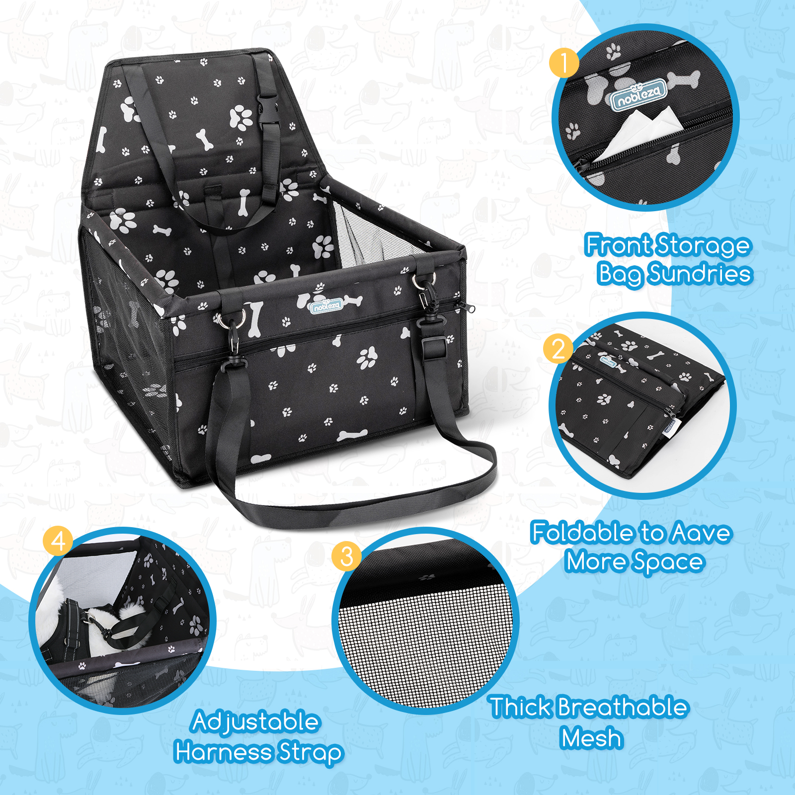 Nobleza - Reforço para Assento de Carro para Cães, Assento de Segurança para Animais de Estimação para Cães e Gatos, Bolsa de Viagem Dobrável e Lavável para Outros Animais de Pequeno Porte com Bolso com Zíper, 40 * 34 * 25 cm, Preto