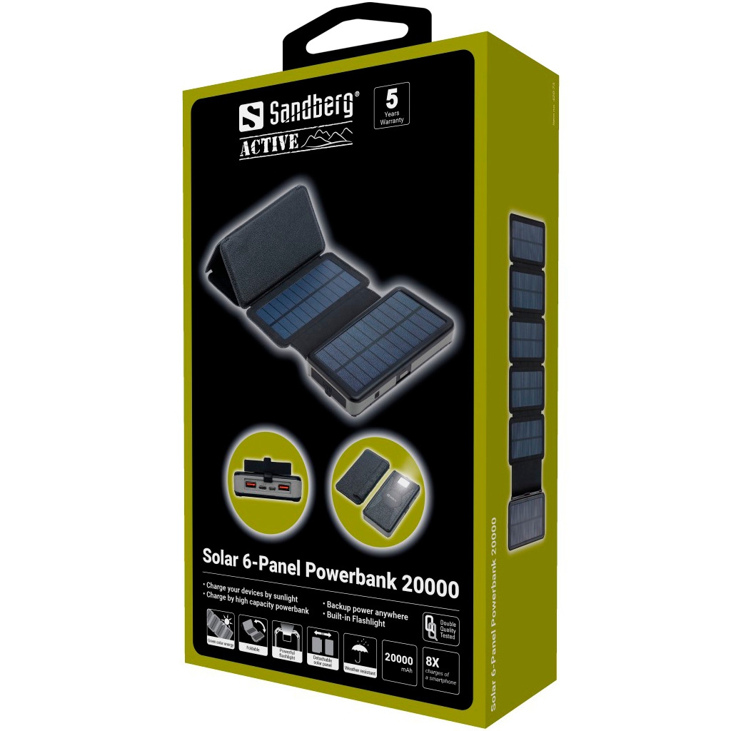 Sandberg 420-73 Solar 6 Panel mit Powerbank schwarz 20000 mAh