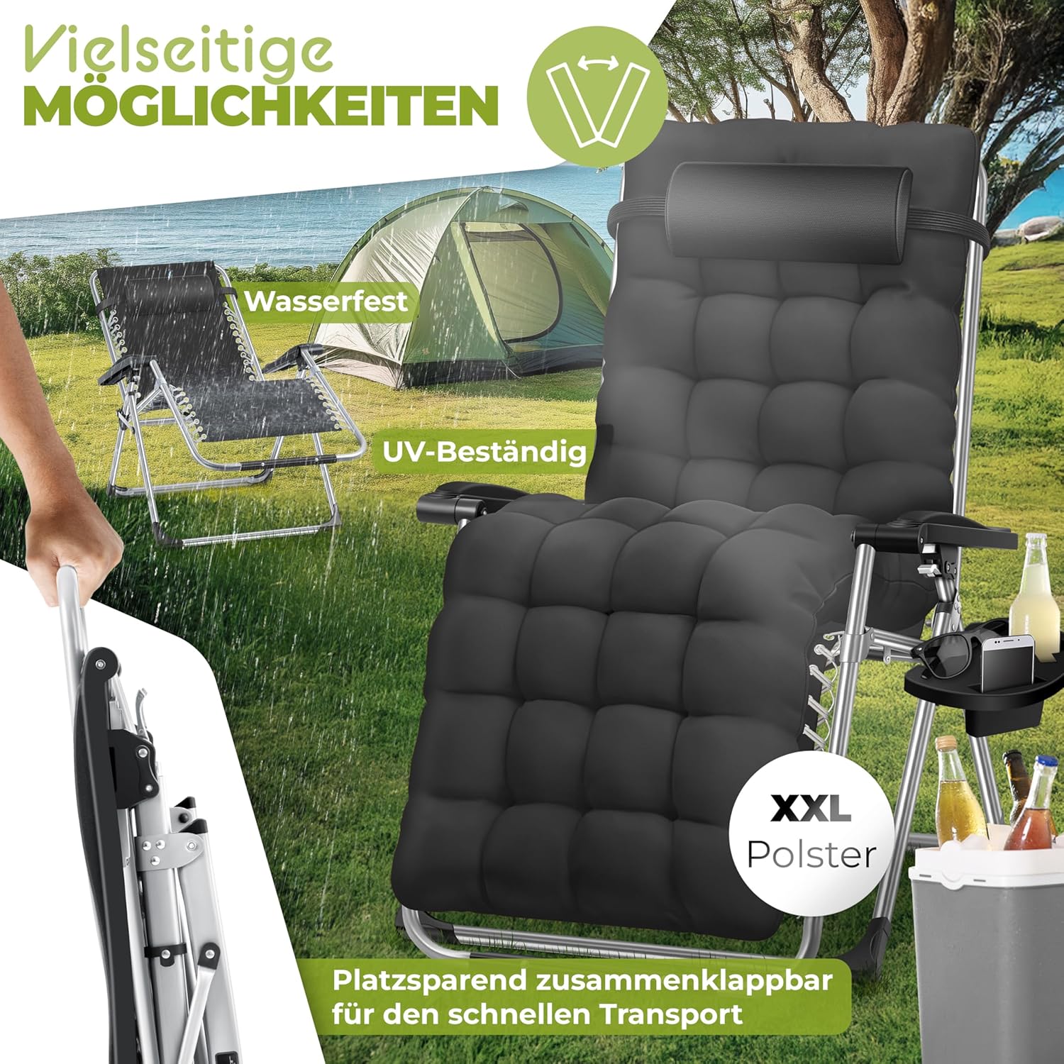 KESSER® Sonnenliege Liegestuhl Klappbar & Wetterfest, Gartenstuhl Belastbar 200kg Ergonomisches Polster Extra Breit Verstellbare Rückenlehne Gartenliege inkl. Nackenkissen & Getränkehalter, Schwarz